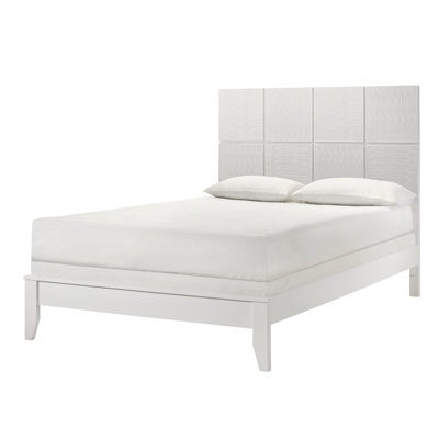 Lit grand contemporain de 1 pièce, tête de lit à panneau géométrique, finition blanche, façade texturée, style de chambre à coucher en bois, cadre de lit,