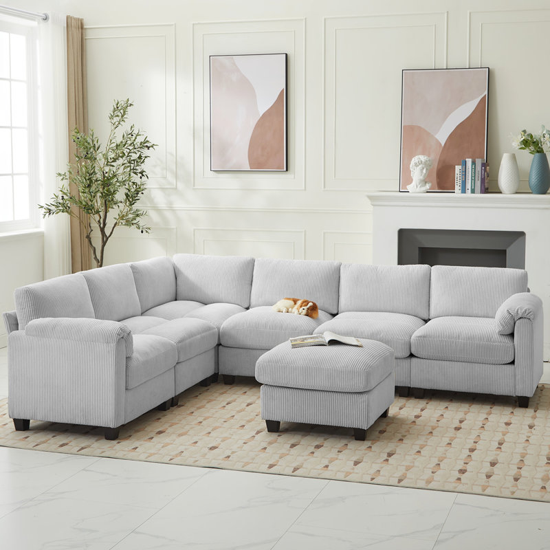 7-Piece Upholstered Corduroy Sectional, Gray