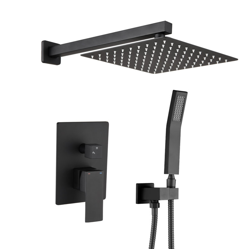 Système de douche mural en laiton noir mat de 12 pouces avec tête réglable, soupape de dérivation et inverseur de matériaux, débit d'eau, protection contre les changements de température soudains