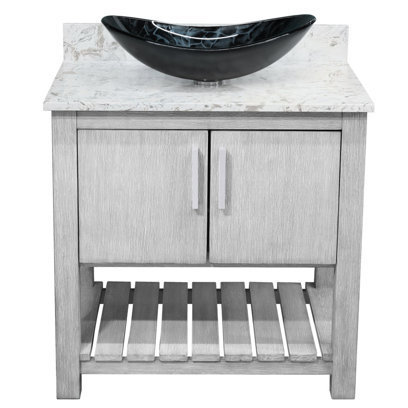 Meuble-lavabo avec comptoir en quartz moka, miroir et lavabo, 30", Nickel brossé