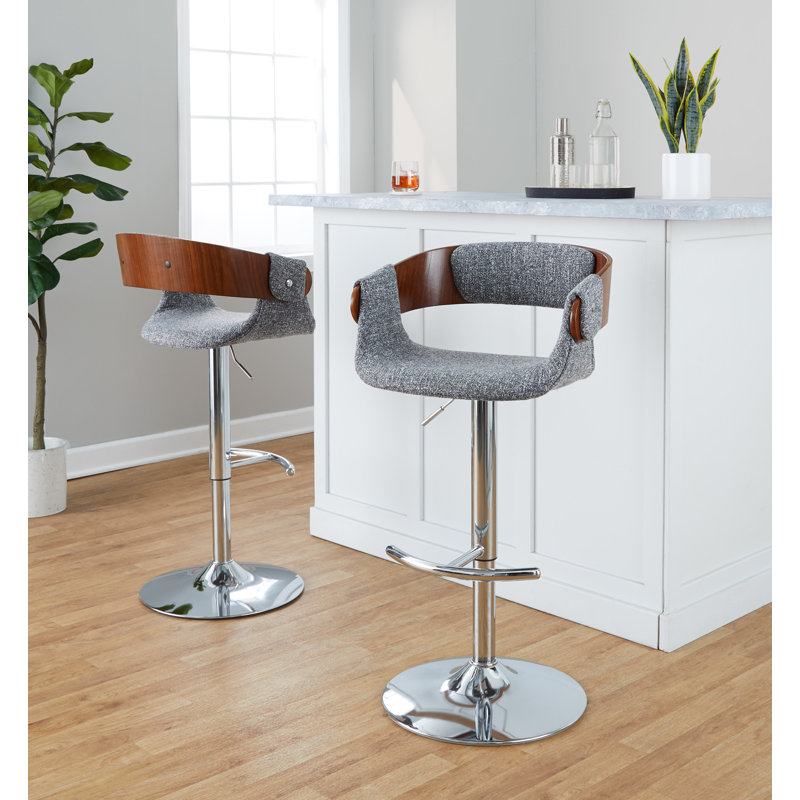 Tabouret de bar Laurenzio, Tissu gris / bois de noyer, Chrome