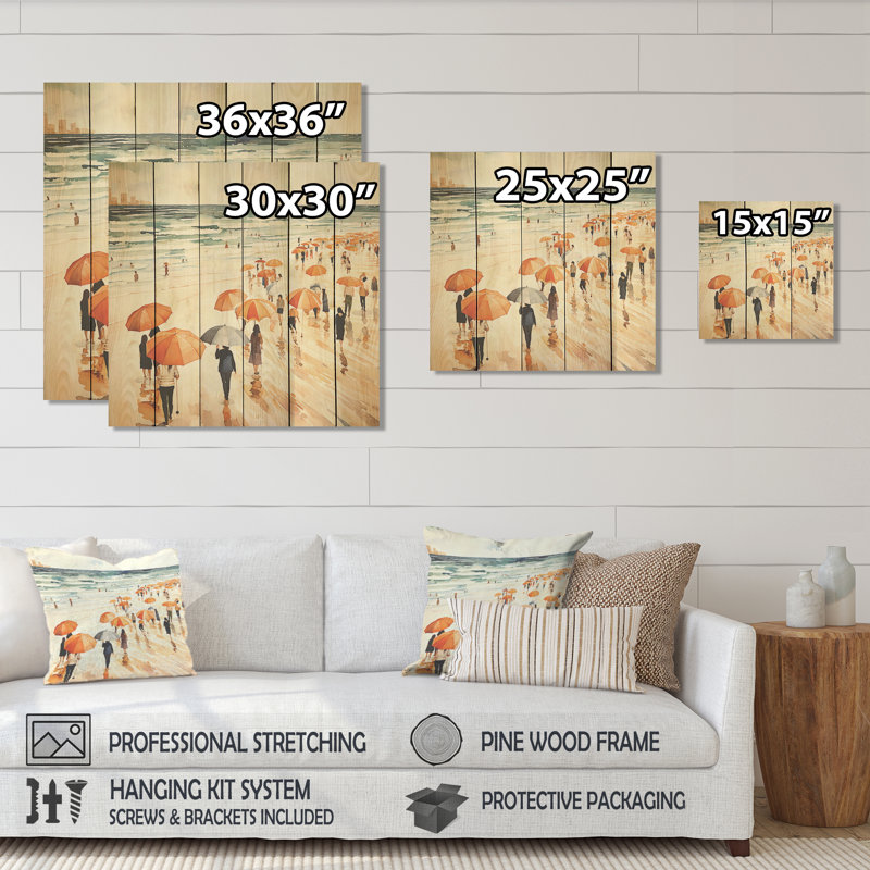 Orange Umbrella Beach Day Tranquilty I - Beach People On Wood Print, 30" H x 30" W