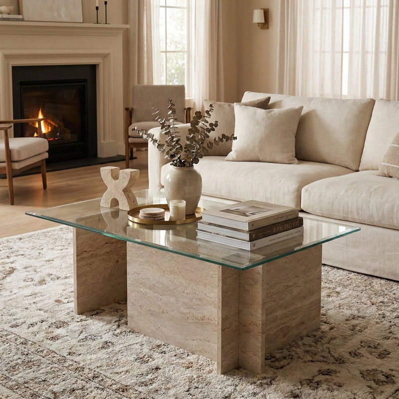 Rectangle Tempered Glass Coffee Table, Travertine, 15.7" H x 41.3" L x 25.6" W