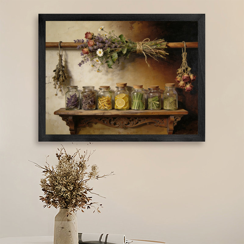 Black Framed Watercolor Vintage Kitchen Seasonings Wall Art Classical Realism Style Framed Prints, 25" H x 37" W
