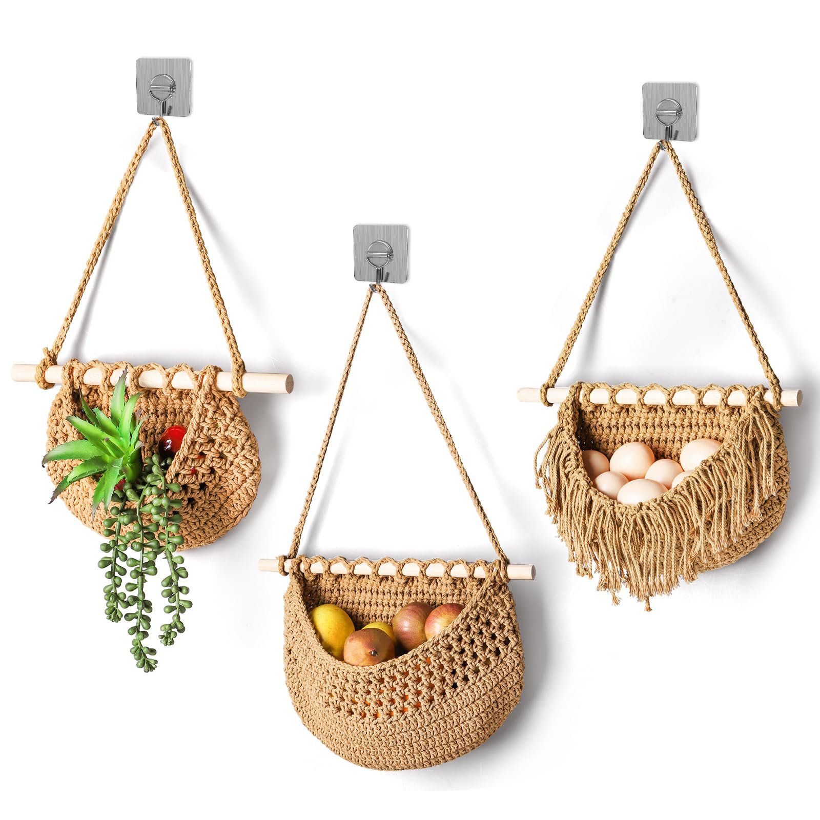 Dakota Fields 3 Tier Hanging Fruit Basket, Wall Hanging Vegetable Fruit Baskets Cotton Woven Storage Baskets For Organizing | Wayfair