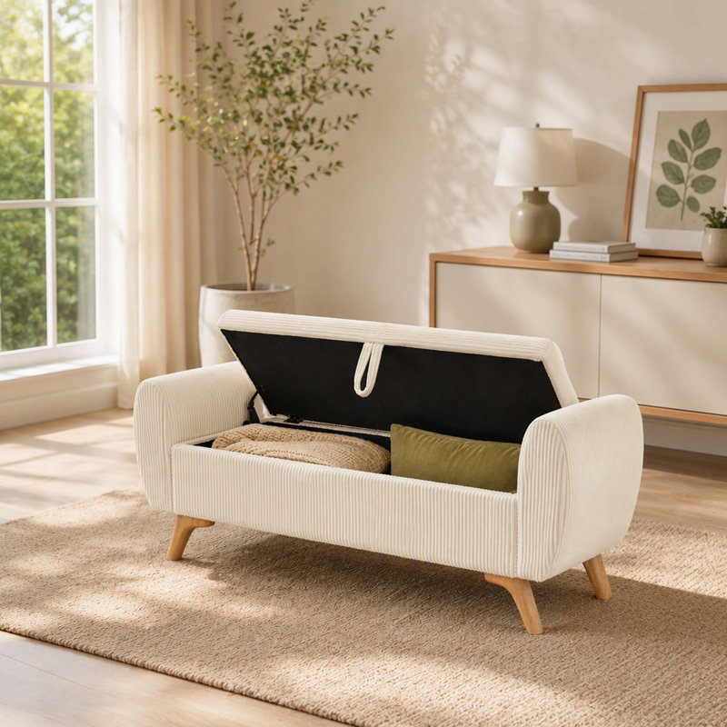 Banc de rangement moderne en velours côtelé de 145 cm de large, avec espace de rangement intégré et pieds en bois. Convient aux chambres et aux couloirs. Couleur : beige.