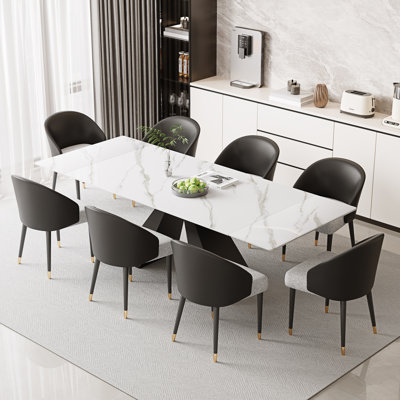 94.5”  Extendable Dining Table Set With Rectangular Sintered Stone Top And 8 Faux Leather Chairs