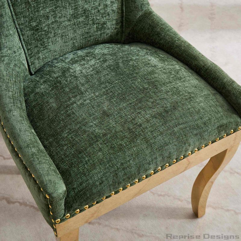 Chaises de salle à manger en chenille avec pieds dorés, ensemble de 2, Vert olive