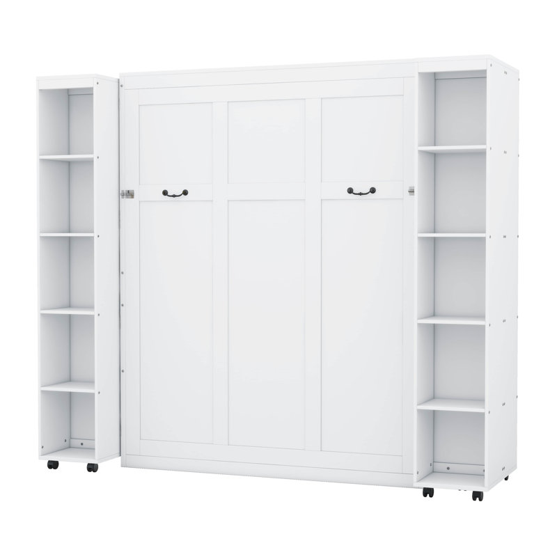 Grand lit escamotable mural avec portes de rangement, cadre de lit mural en bois, lits plateforme pliables, Blanc
