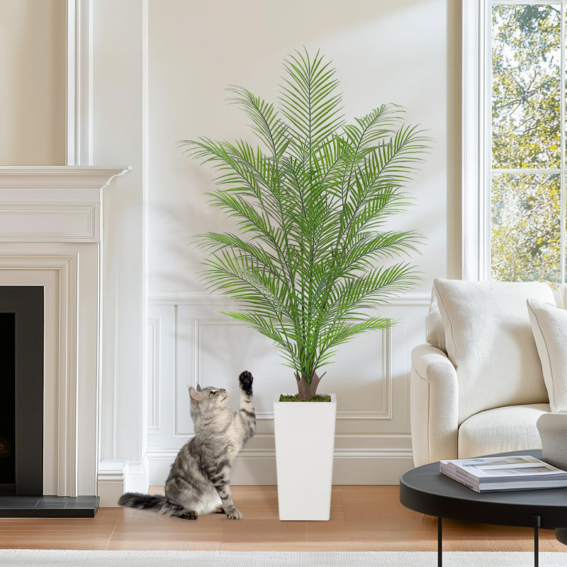 Artificial Areca Palm Tree In Pot - Fake Tropical Silk Plant with Tall White Planter - Faux Indoor Floor Decor for Home, Living Room, Office