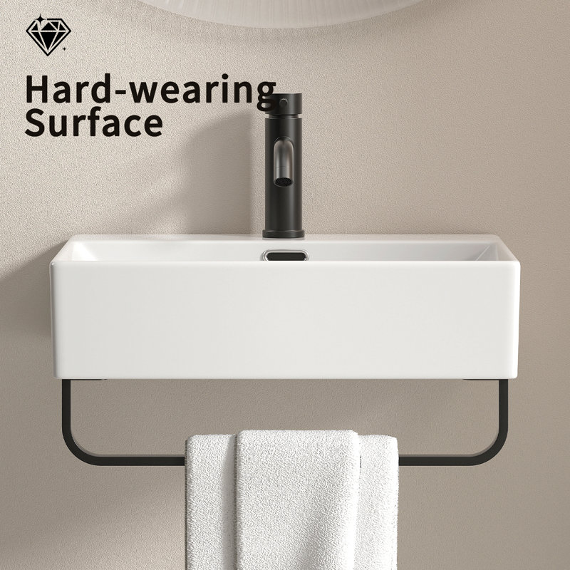 White Vessel Sink, Small Vessel Sink For Bathrooms With Towel Rack, Small Wall Mount Bathroom Sink With Faucet Hole