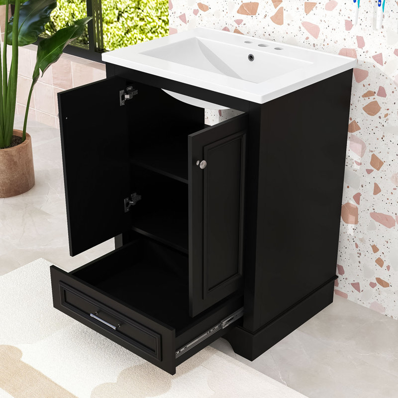 Drawer Bathroom Vanity with Ceramic Sink, Adjustable Shelves and Soft-Close Doors Cabinet, Black, Silver