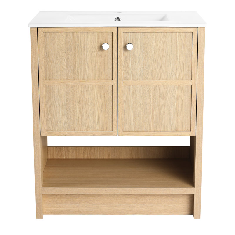 Meuble-lavabo sur pied autoportant, 30 po, lavabo en céramique, armoire en chêne pratique, surface lisse en contreplaqué, 30"