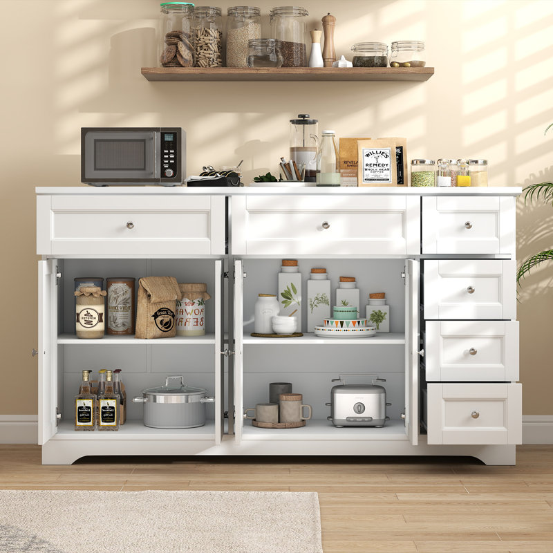 Buffet 59 po avec 4 portes et 6 tiroirs blanc