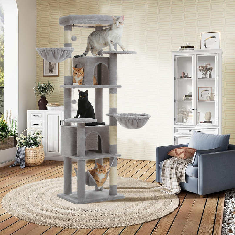 Arbre à chat de 71 po de haut, tour pour chat avec condos à chat, poteaux à griffes, lits supérieurs et boules suspendues