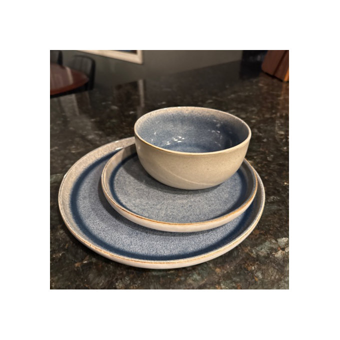 Gibson Elite Sunveil 16 Piece (Service for 4) Plates and Bowls Reactive Glaze Round Dishes Stoneware Ceramic Dinnerware Set - Blue