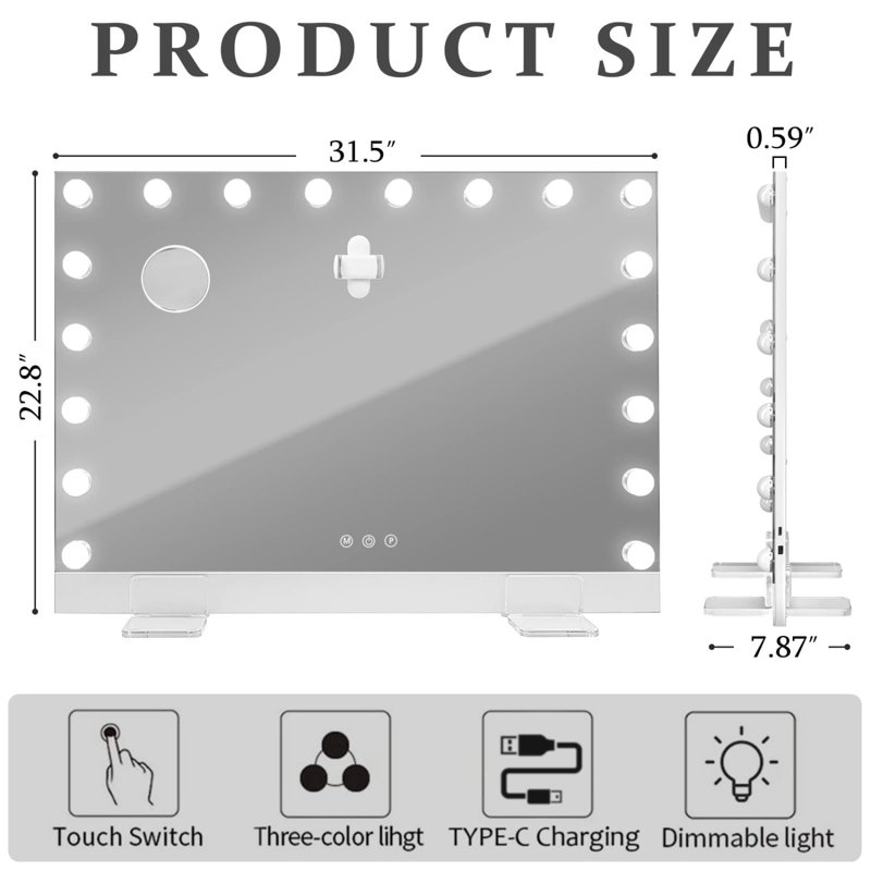 Miroir de meuble-lavabo 32 po x 24 po avec 18 lumières DEL et support de téléphone magnétique