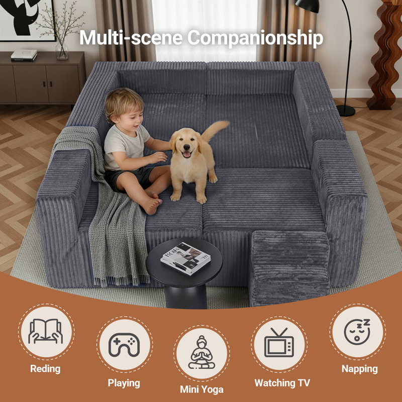  128" Boneless Sofa U-Shaped Modular sectional Couch, 27.6" Deep Seat Oversized Couches for Living Room, Yes, Gray Corduroy