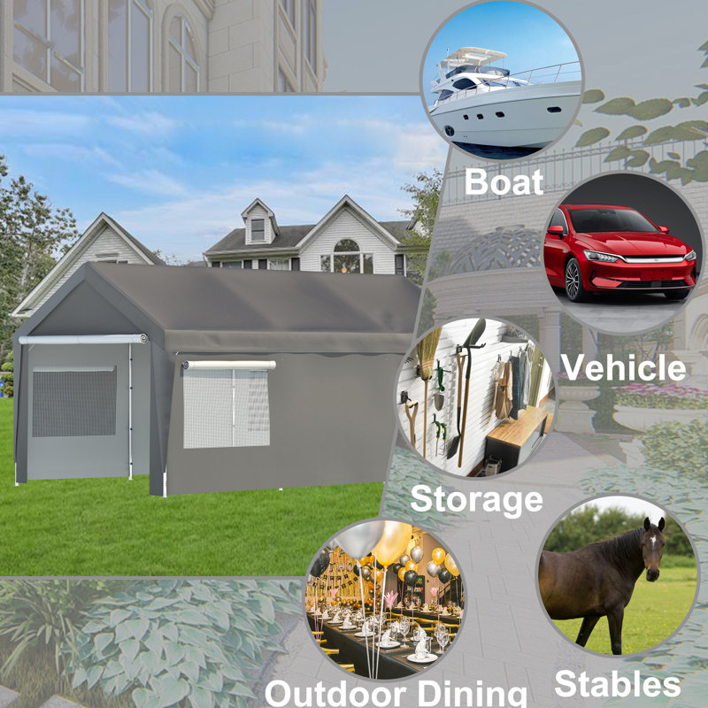 Abri d'auto 10 x 20 pi avec structure en acier galvanisé - Fenêtres latérales de garage imperméables et stables