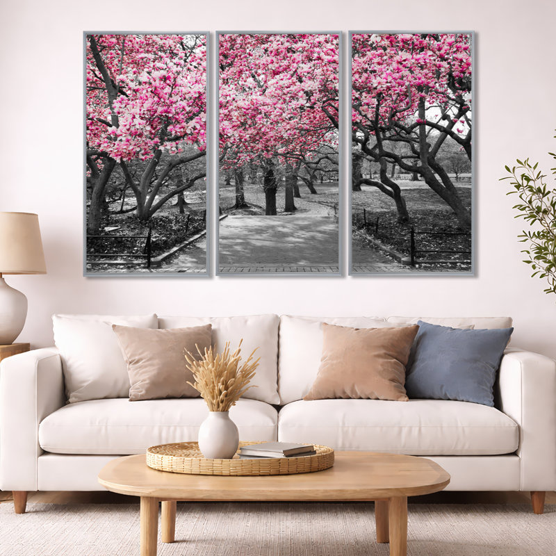 Fleurs de cerisier - ensemble de 3 reproductions d'art encadrées sur toile, Argent argent, H 40 po x l 60 po