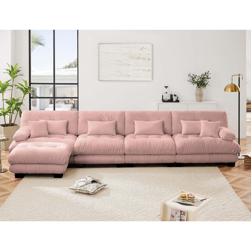 Canapé modulaire en forme de L à 4 places avec repose-pieds convertible, Chenille rose