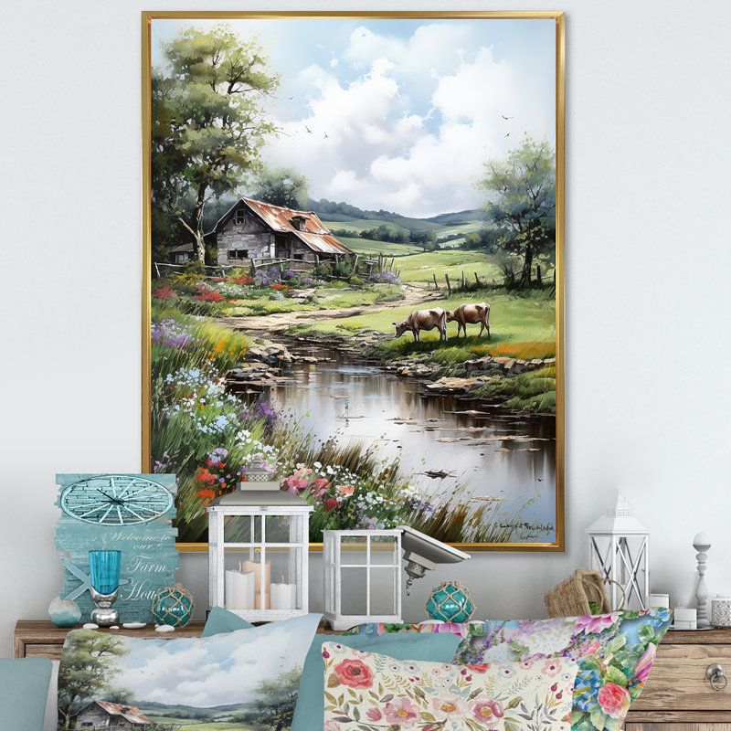 «Relaxing Farm Charm» - Art mural ferme, H 32 po x l 24 po x P 1 po, Cadre flottant doré