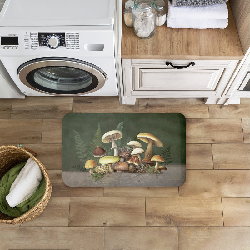 Mushrooms & Ferns on Green Printed Anti-Fatigue Floor Mat, design by Tim Coffey, 30"x18", Mushrooms & Ferns on Green