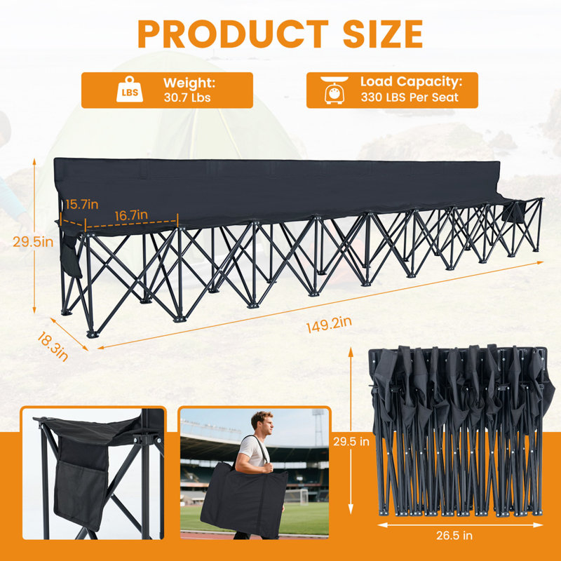 Portable Folding Bench 6 Seat Soccer Benches For Team, Sideline Bench Camping Chairs For Football Camp Sport Events Outdoor Seating With Carry Bag