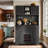 Farmhouse Coffee & Wine Bar Cabinet with Storage, Drawers, Shelves & Glass Racks for Kitchen & Dining Room, Black-118319511