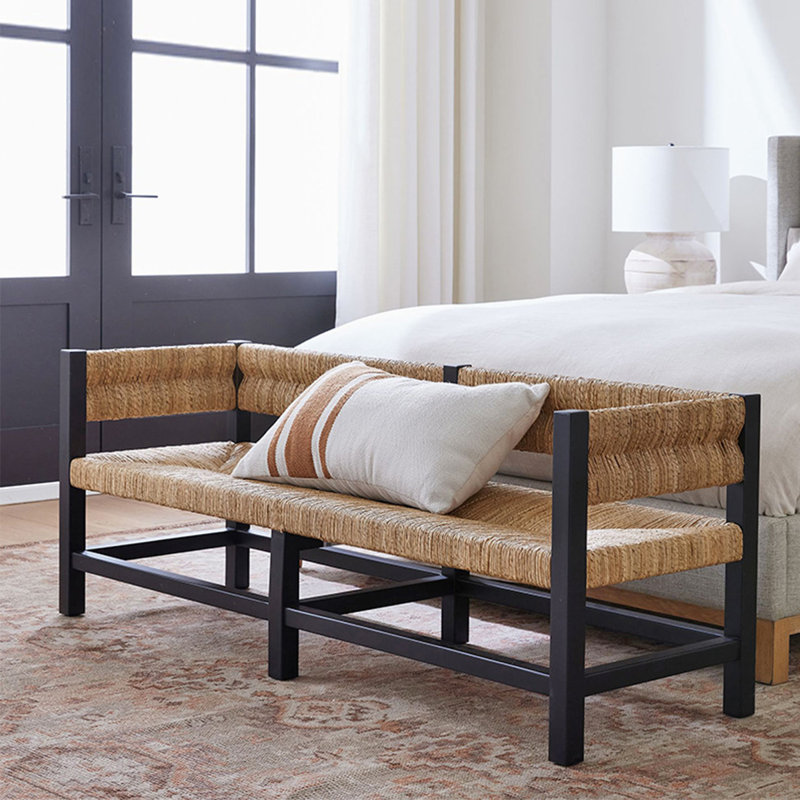 Banc vintage en corde de bois au crochet, Noir