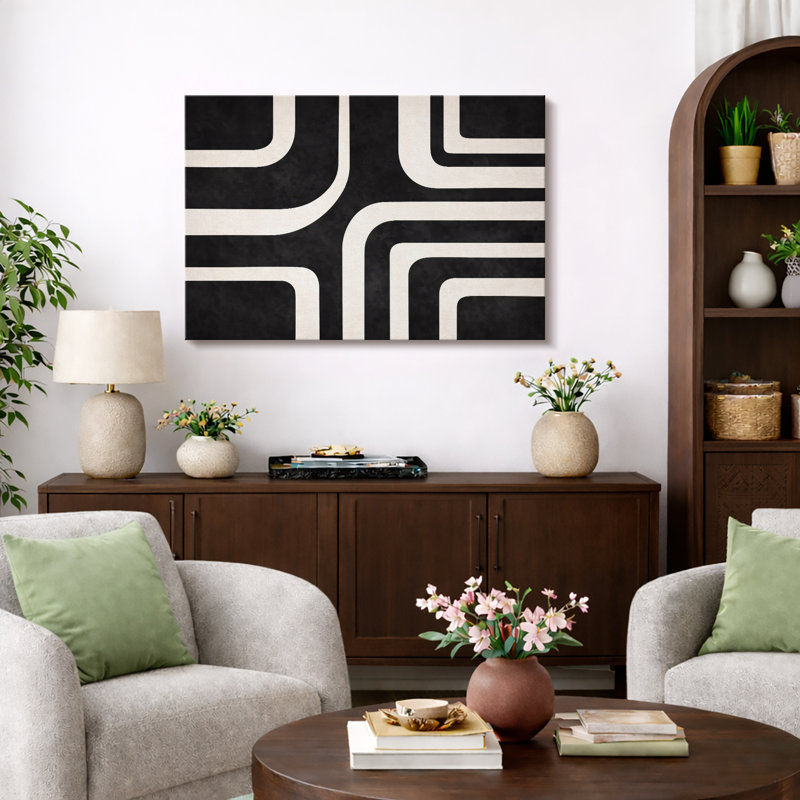 Abstrait noir et blanc, motif de courbes géométriques rétro, images de salon moderne, impression sur toile encadrée