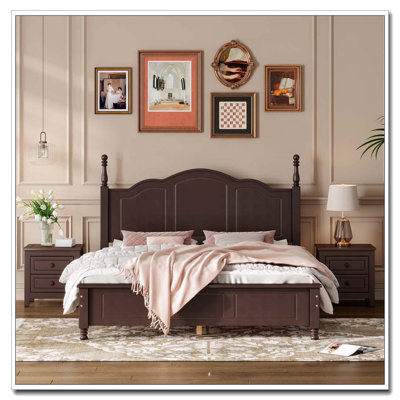 3-Pieces Bedroom Sets,Queen Size Wood Platform Bed  And Two Nightstands-Dark Walnut
