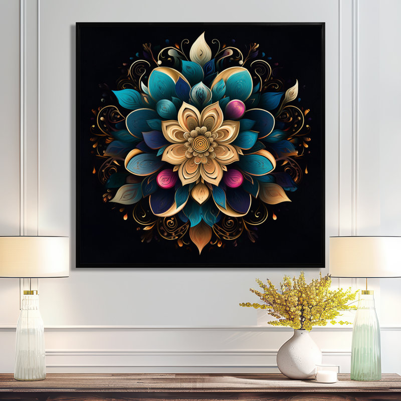 Fleur d'or turquoise - salon Boho Mandala, Toile avec cadre flottant noir, H 36 po x l 36 po x P 1,5 po