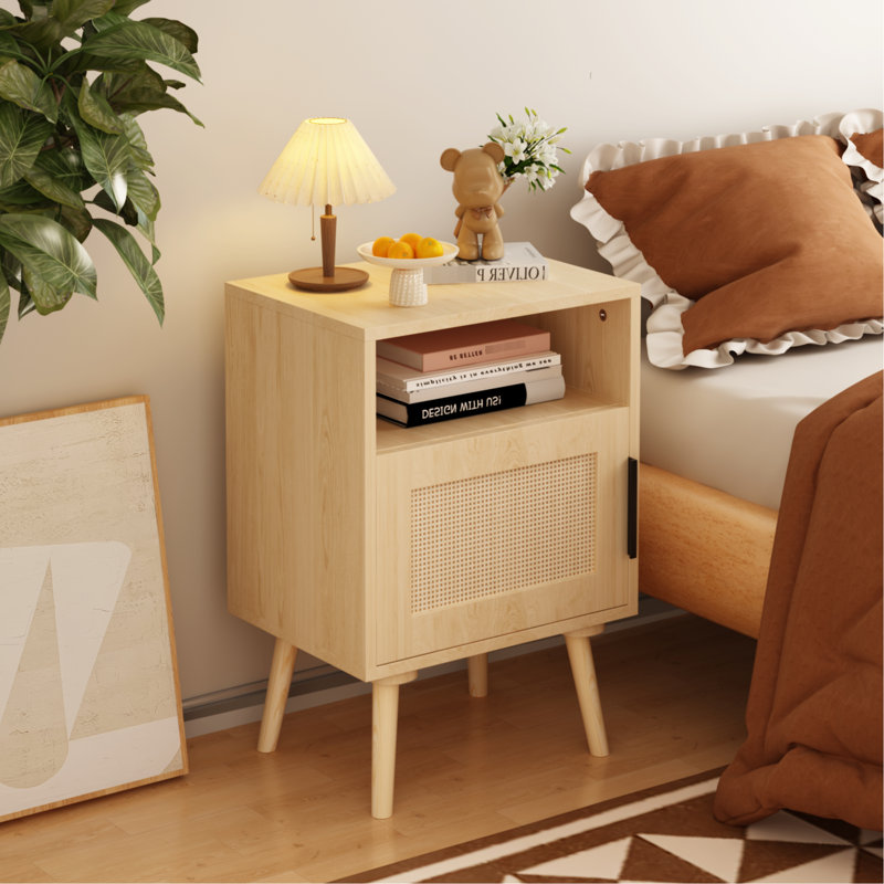 Table d'appoint avec porte pour la chambre à coucher - Pieds en bois massif, magnifique table de chevet décorative en chêne chic