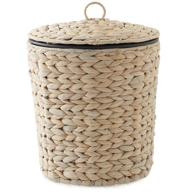 Water Hyacinth Waste Basket with Lid and Liner, Whitewash - Woven Trash Can