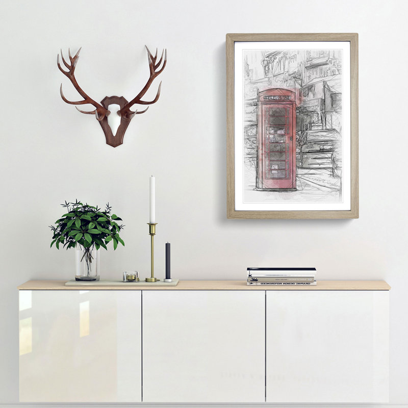 A Red Telephone Box - Single Picture Frame Painting on MDF, 63cm H x 45cm W x 2cm D, Oak Framed