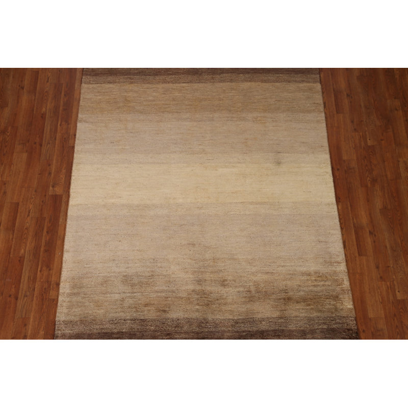 Tapis rayé beige / ivoire en laine noué à la main 5 pi 4 po x 7 pi 10 po