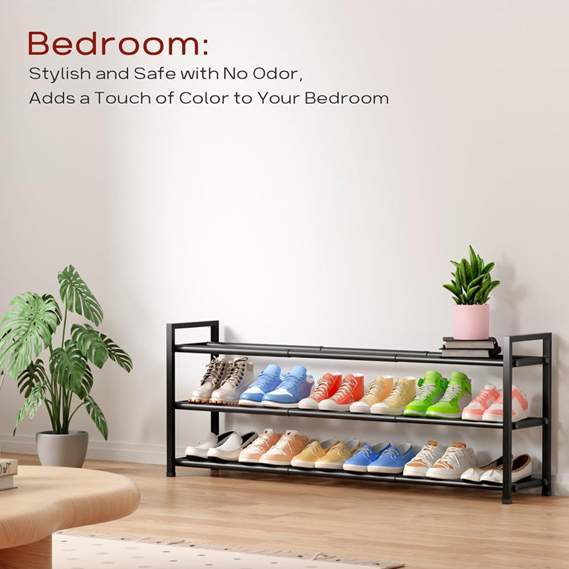 3-tier Long Expandable Shoe Rack For Closet, 18"-44" Adjustable Shoe Rack For Entryway, 15-18 Pairs Large Shoe Organizer Shelf Storage, Sturdy Metal, Black