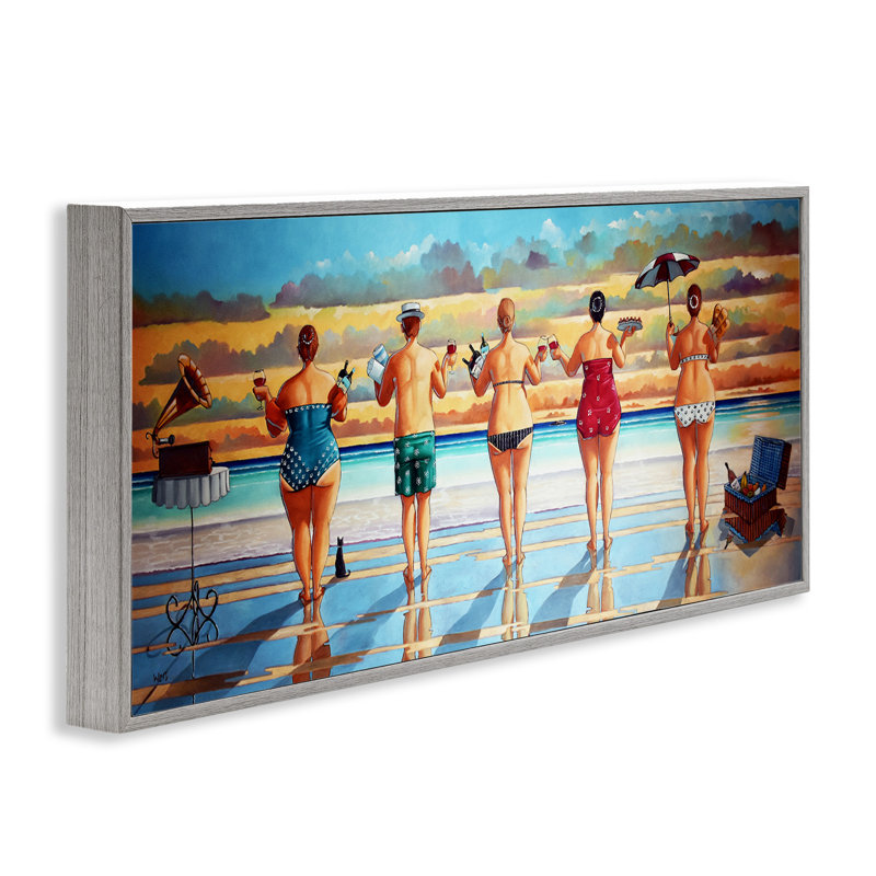 «Beach Friends Coastal Summer Fun» par Ronald West - peinture à cadre flottant sur bois, H 10 po x l 24 po x P 1,5 po