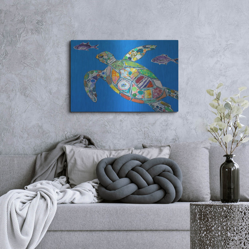Blue Sea Turtle Metal Wall Art with Colorful Mosaic Design, 36" x 24"