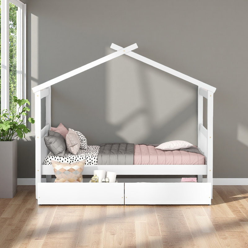 Lit en bois avec tiroirs, Lit simple, Blanc