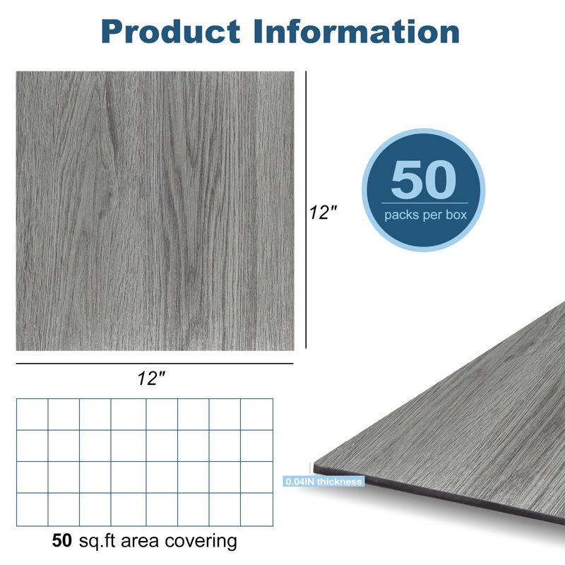 12" x 12" Luxury Vinyl Tile,Self-adhesive Vinyl Flooring, Gray Ash