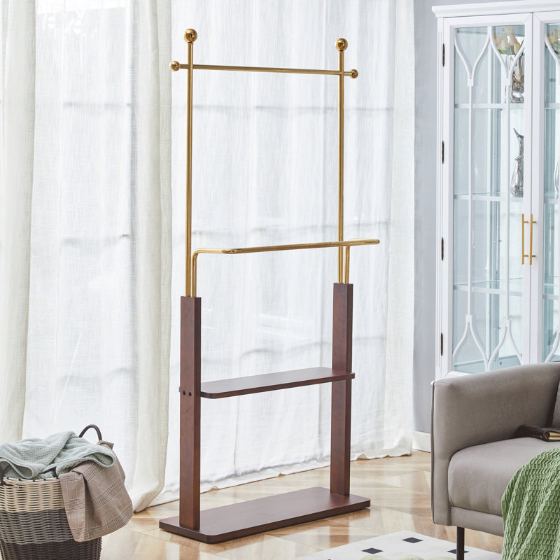 Portemanteau double en acier inoxydable doré et bois de noyer avec rangement, hauteur de 68,9 pouces, conception peu encombrante