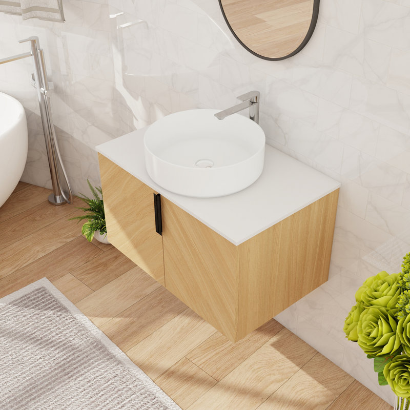 30'' Single Floating Bathroom Vanity With Ceramic Art Sink, Wall Mounted Bathroom Vanity With 2 Soft Close Doors, White