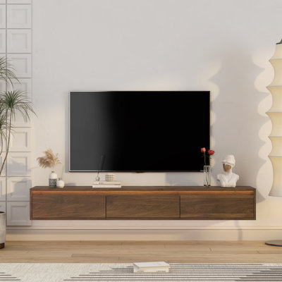 Floating TV Stand Wall Mounted TV Shelf With LED Lights And Power Outlet High Gloss TV Cabinet