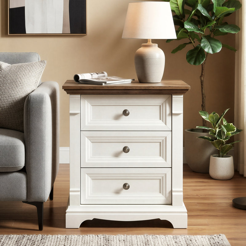 24" Farmhouse Nightstand With Charging Station With 3 Drawers Storage, Wood Side Table,End Table, White/Brown