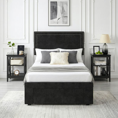 Ensemble de lit avec rangement à 4 tiroirs et table de chevet à 3 niveaux avec lit plateforme en velours et rangement sous le lit