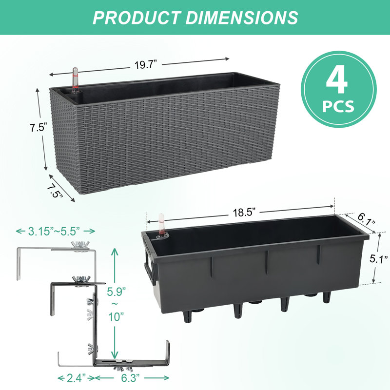 Mahliya Window Box Wall Mount/Railing Planter Box with Adjustable Bracket, Gray