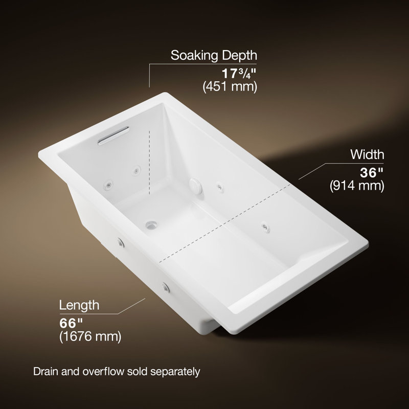 66" x 36" Whirlpool Acrylic Bathtub with Heater, White