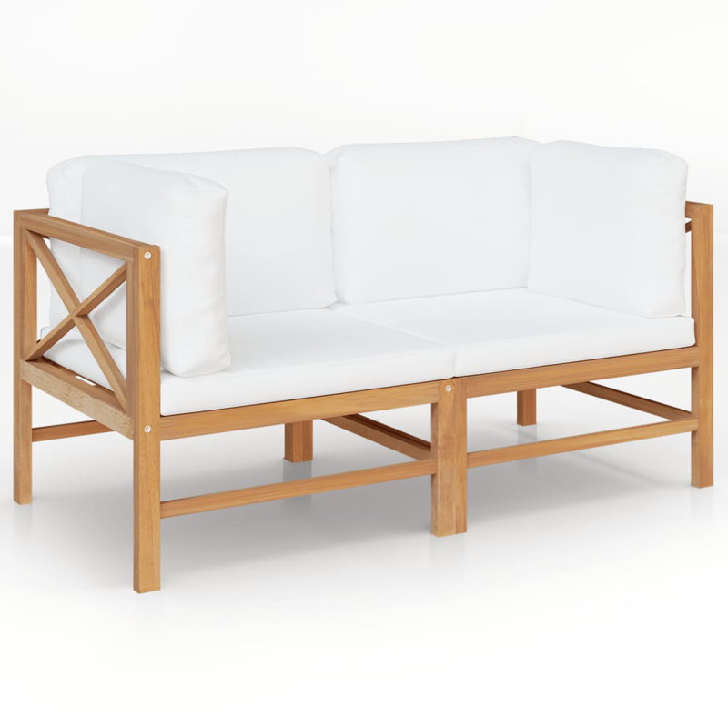  Outdoor Bench Cream Solid Teak Wood, 100% Polyester, White